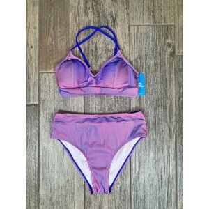 Cupshe Striped Bikini Swimsuit Set‎ Purple Pink Blue High Waisted Medium